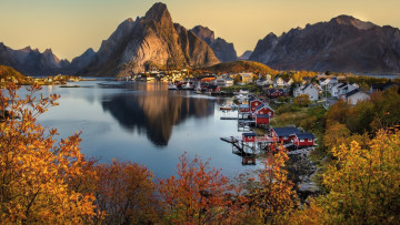 Картинка города лофотенские+острова+ норвегия горы фьорд дома