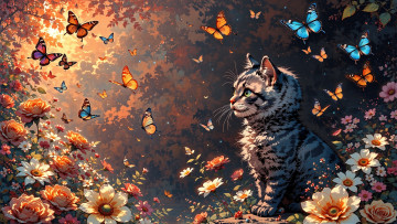 обоя рисованное, животные,  коты, кот, бабочки, цветы, деревья