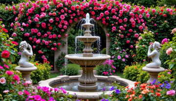 обоя автор wp stl, 3д графика, природа , nature, парк, фонтан, арка, цветы, статуи