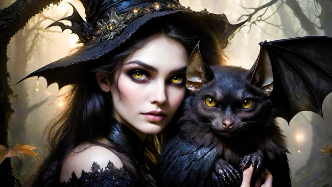 Обои картинки фото фэнтези, маги,  волшебники, девушка, лицо, ведьма, шляпа, летучая, мышь, лес, осень