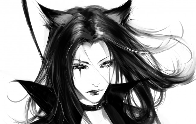 Обои картинки фото фэнтези, существа, монохромное, ошейник, уши, девушка, черно-белое
