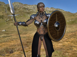 Картинка 3д+графика амазонки+ amazon щит взгляд девушка копье горы фон