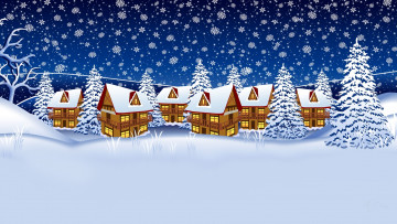 Картинка векторная+графика город+ city снег ели дома