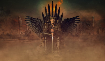 Картинка 3д+графика фантазия+ fantasy сидит оружие фон взгляд мужчина демон