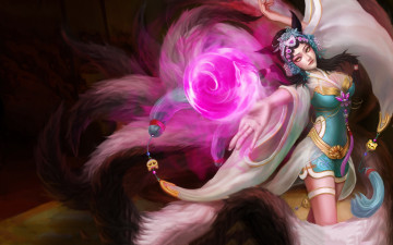Картинка видео+игры league+of+legends арт фон взгляд девушка магия хвост лиса ahri