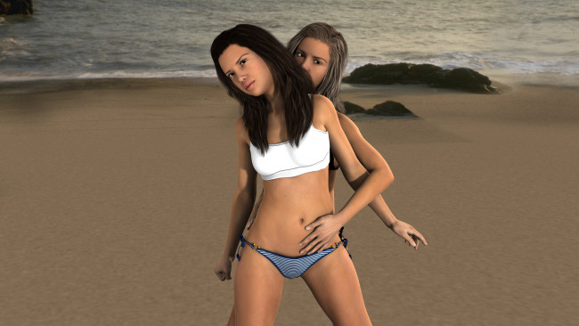 Обои картинки фото 3д графика, люди , people, девушки, пляж, фон, взгляд