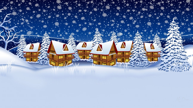 Обои картинки фото векторная графика, город , city, снег, ели, дома