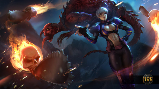 Обои картинки фото видео игры, heroes of newerth, монстры, маг, carnage, calamity, тьма, магия, бензопила, девушка, hon