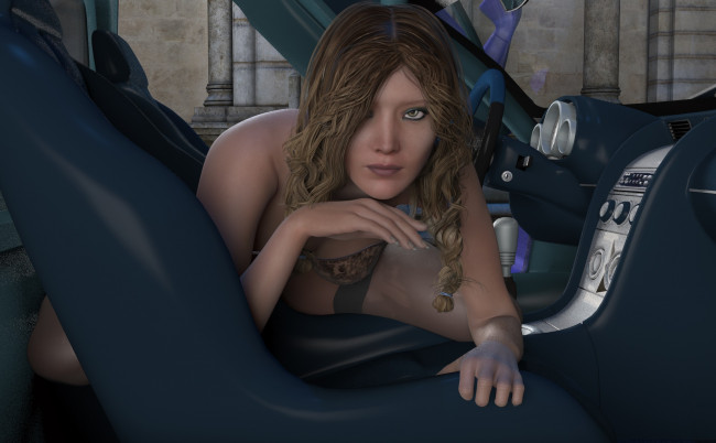 Обои картинки фото автомобили, 3d car&girl, автомобиль, фон, взгляд, девушка