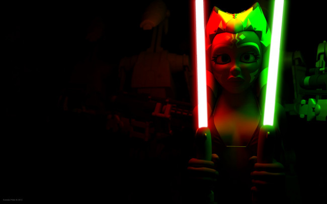 Обои картинки фото 3д графика, фантазия , fantasy, асока, тано, взгляд, халк, оружие, фон, огненый, меч, бикини