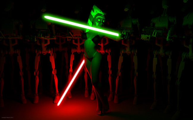 Обои картинки фото 3д графика, фантазия , fantasy, огненный, меч, оружие, фон, взгляд, бикини, халк, асока, тано