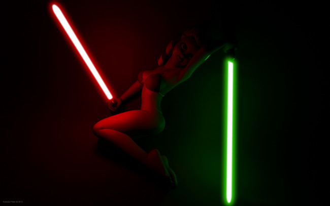 Обои картинки фото 3д графика, фантазия , fantasy, огненый, меч, фон, взгляд, халк, бикини, асока, тано, оружие