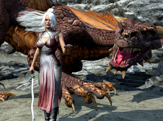 Обои картинки фото 3д графика, фантазия , fantasy, дракон, фон, взгляд, девушка