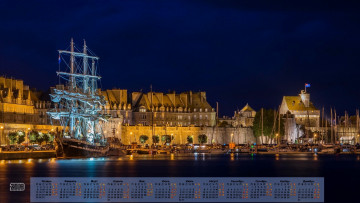 Картинка календари техника +корабли освещение ночь парусник здание водоем 2018
