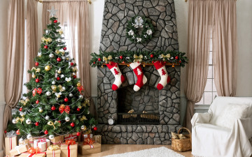 Картинка праздничные Ёлки decoration камин игрушки home gifts holiday celebration украшения christmas елка рождество tree новый год подарки design merry interior