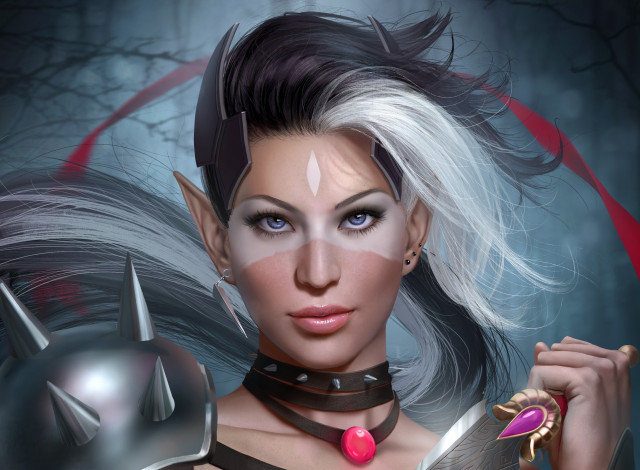 Обои картинки фото фэнтези, эльфы, девушка, нож, лицо, adalia, эльфийка, уши, эльф, взгляд