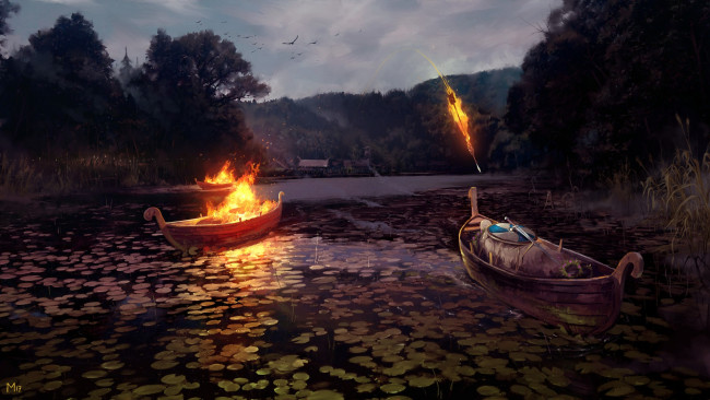 Обои картинки фото фэнтези, иные миры,  иные времена, стрела, воин, ритуал, лодка