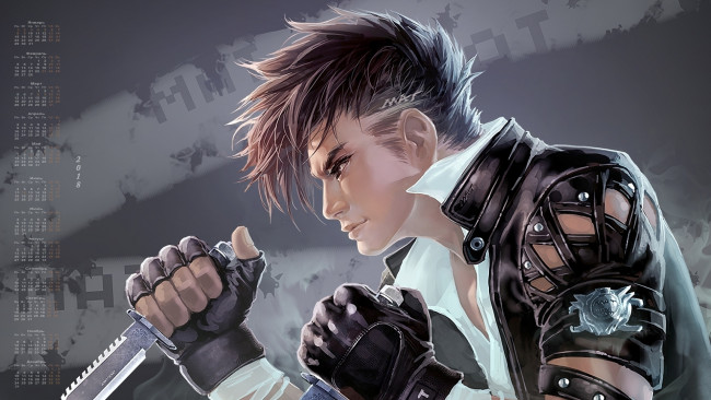 Обои картинки фото календари, аниме, перчатки, профиль, кинжал, парень, 2018