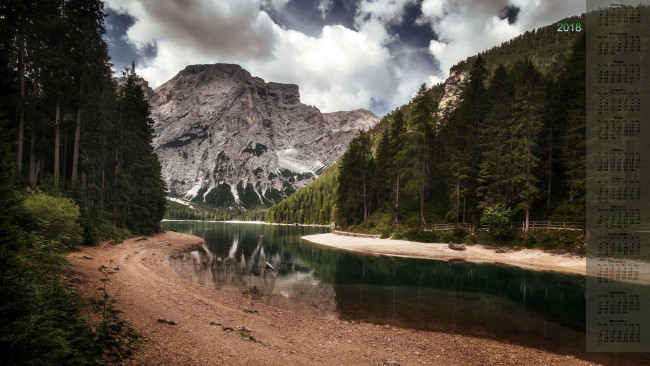 Обои картинки фото календари, природа, облака, деревья, скала, 2018, водоем