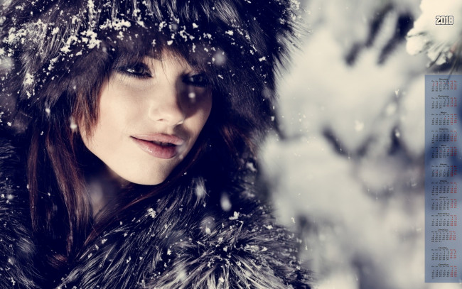 Обои картинки фото календари, девушки, взгляд, лицо, шапка, снег, 2018