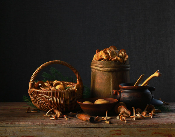 Обои картинки фото еда, грибы,  грибные блюда, корзинка, горшок