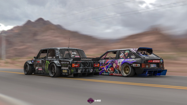 Обои картинки фото itasha kamaz lada 2108 - hoonitruck kamaz vaz 2106, автомобили, виртуальный тюнинг, itasha, kamaz, lada, 2108, and, hoonitruck, tow, vaz, 2106, hoonicorn, турбо, пушки