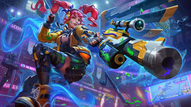 Обои картинки фото видео игры, smite, девушка, фон, взгляд, униформа, оружие