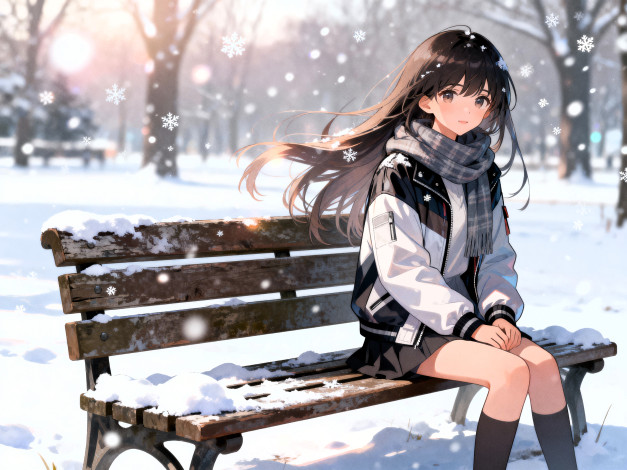 Обои картинки фото аниме, зима,  новый год,  рождество, девушка, шарф, куртка, юбка, скамейка, парк, снег, деревья