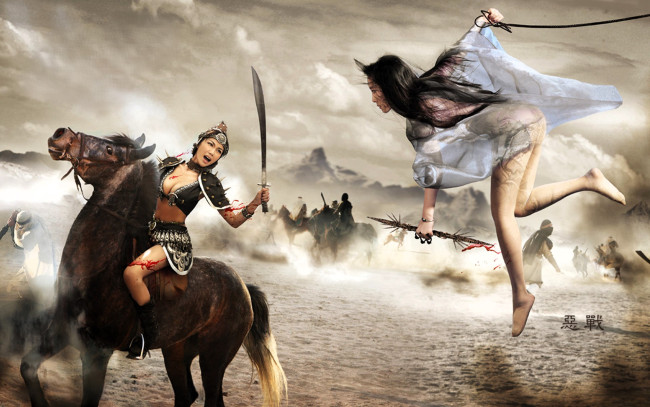 Обои картинки фото видео игры, red cliff, девушки, поединок, лошадь, песок