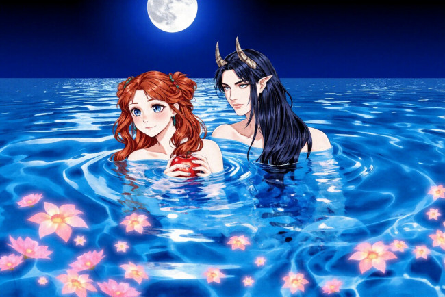 Обои картинки фото фэнтези, демоны, девушка, яблоко, парень, рога, вода, цветы, луна