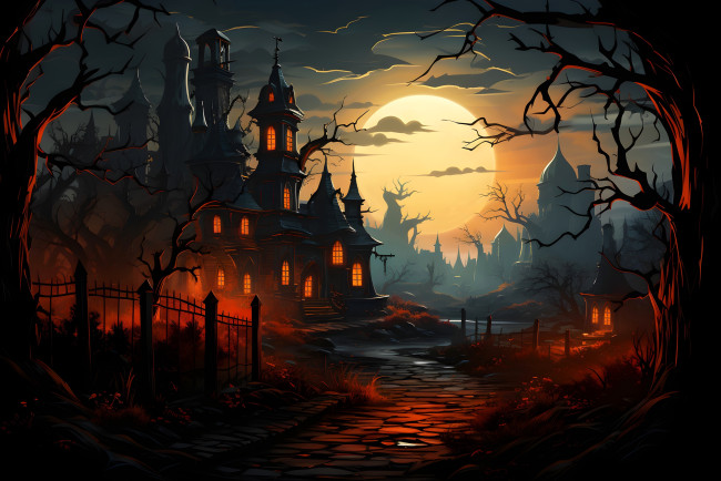 Обои картинки фото рисованное, города, здания, свет, ночь, луна, деревья, ограда, дорога