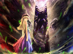 Картинка аниме bakemonogatari oshino+shinobu девушка платье шлем врата ветер