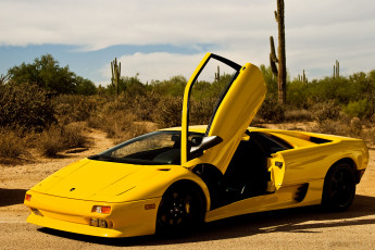 Картинка автомобили lamborghini небо кактусы диабло желтый пустыня ламборгини sky cactus desert yellow diablo lamborgini