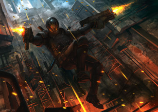 Картинка фэнтези люди автоматы солдат воин шлем прыжок