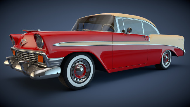 Обои картинки фото автомобили, 3д, coupe, 1956, bel, chevrolet, air