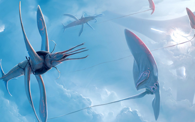 Обои картинки фото фэнтези, существа, облака, небо, воздух, летающие