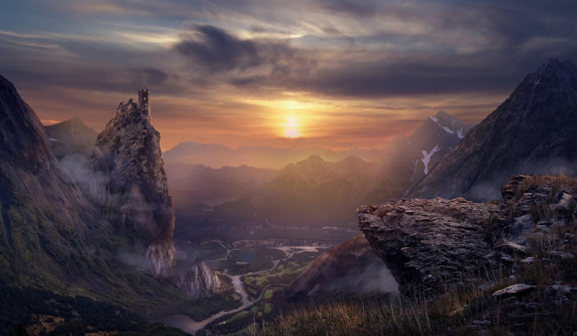 Обои картинки фото фэнтези, иные миры,  иные времена, закат, солнце, горы, река, долина