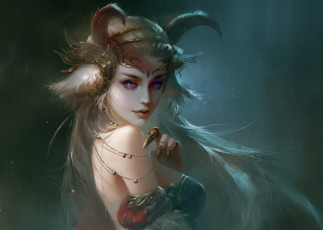 Картинка фэнтези существа украшения когти рога взгляд демоница арт фантастика девушка