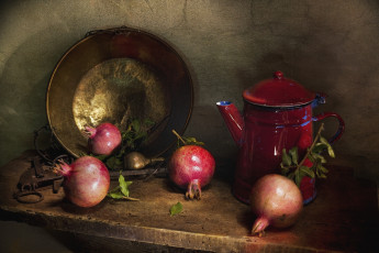 Картинка еда гранат таз плод молочник натюрморт медь