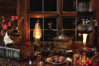 Картинка еда кофе +кофейные+зёрна кофемолка зерна книга окно горелка лампа конфеты шоколад натюрморт