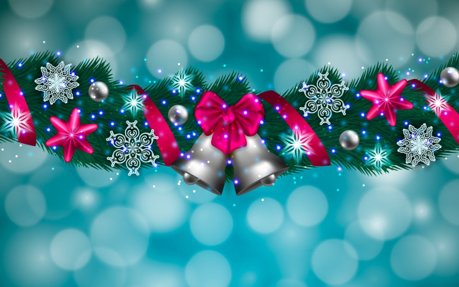 Обои картинки фото праздничные, векторная графика , новый год, снежинки, бант, лента, колокольчики, ель