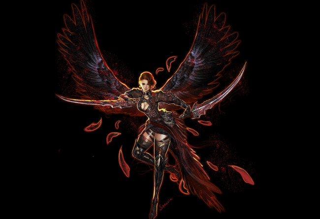 Обои картинки фото фэнтези, существа, арт, youngmin, suh, оружие, перья, крылья, поза, взгляд, девушка, эротика