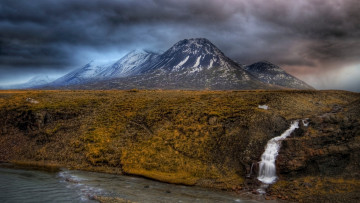Картинка природа водопады плато водопад горы тучи река небо hdr