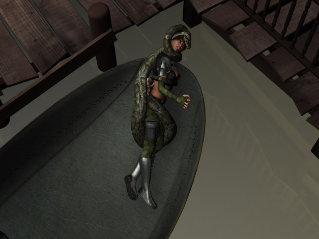 Обои картинки фото 3д графика, фантазия , fantasy, змея, взгляд, фон, девушка