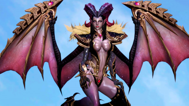 Обои картинки фото 3д графика, существа , creatures, демон, фон, взгляд, девушка