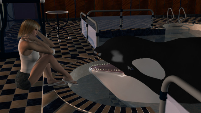 Обои картинки фото 3д графика, фантазия , fantasy, девушка, взгляд, фон, дельфин