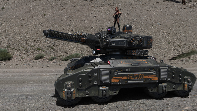 Обои картинки фото 3д графика, фантазия , fantasy, танк, фон, взгляд, девушка