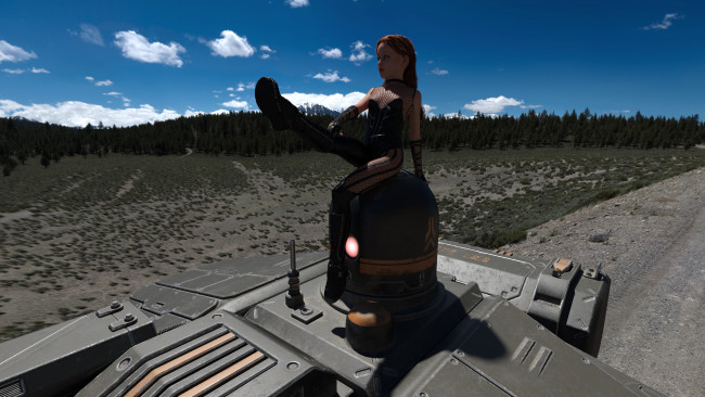 Обои картинки фото 3д графика, фантазия , fantasy, танк, фон, взгляд, девушка