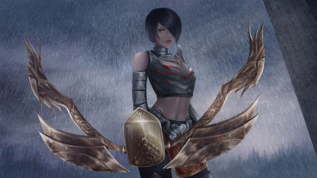 Обои картинки фото видео игры, metin 2, взгляд, девушка, щит, униформа, фон