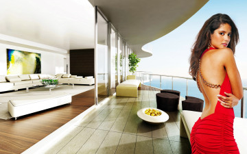 Картинка девушки -+брюнетки +шатенки терраса красное платье